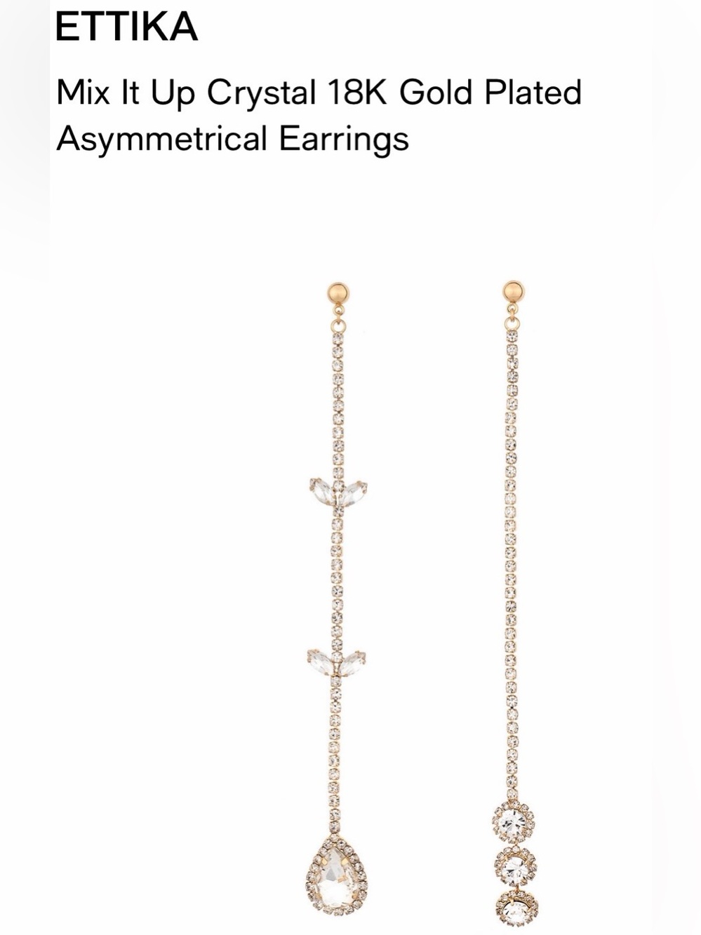 NEW Ettika Gold Plated Asymmetrical Long Crystal Drop Earring